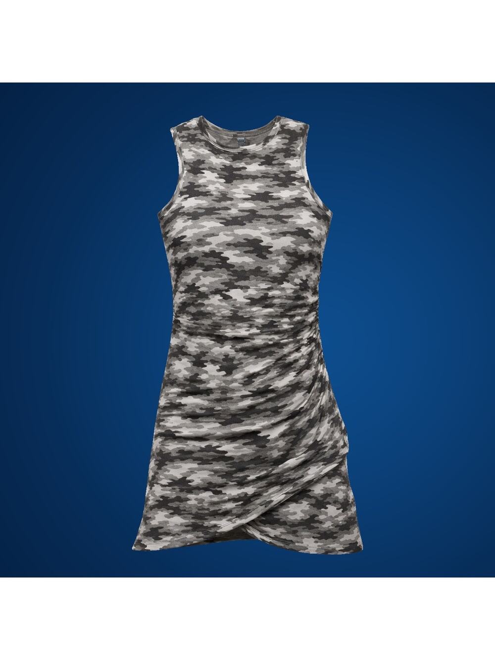 Womens Shades Of Gray Camo Sleeveless Soft Dress Wrapped and Ruched Size Medium